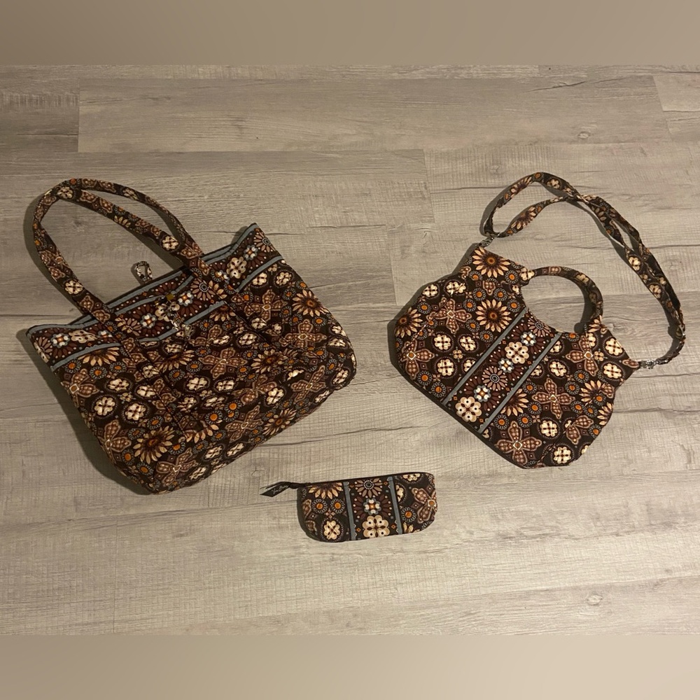 Vera Bradley Brown Floral Canyon Quilted Women's Bag three piece Set